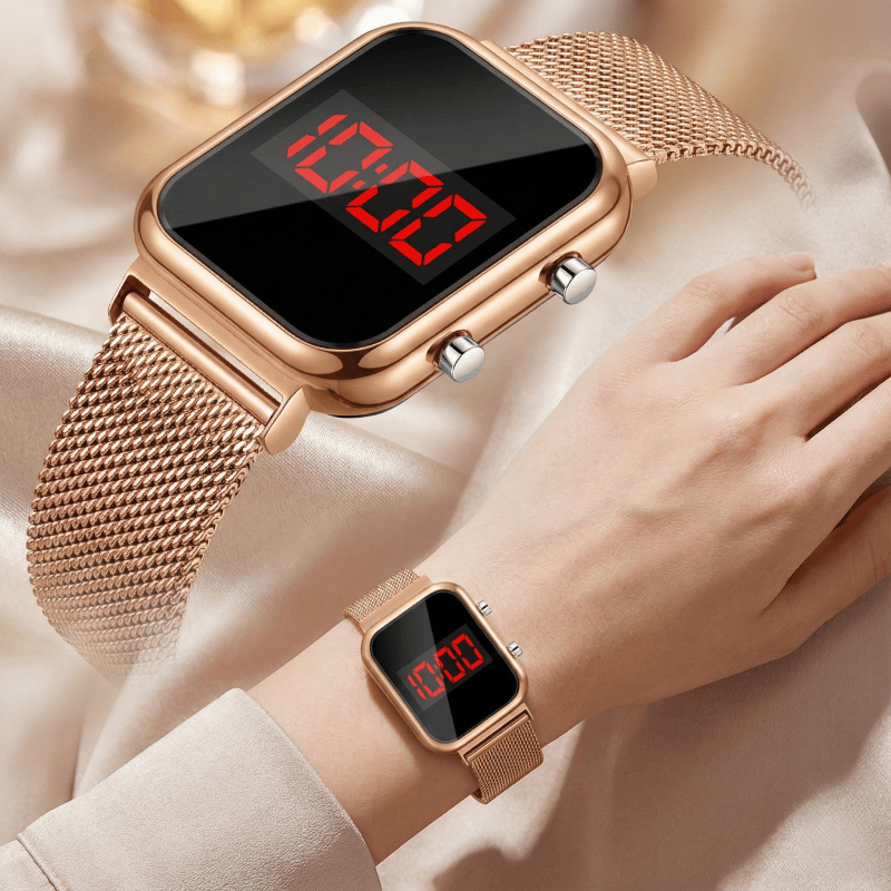 Electronics Gadgets For Men - นาฬิกาข้อมือดิจิตอล LED ทรงสี่เหลี่ยมผืนผ้า สายโลหะแบบตาข่าย ดีไซน์หรูหรา สำหรับผู้ชายและผู้หญิง