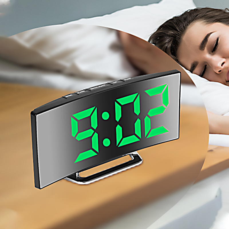 Electronics Gadgets For Home - นาฬิกาปลุกดิจิตอล LED หน้าจอโค้ง กระจกเงา นาฬิกาอิเล็กทรอนิกส์แบบเงียบ สำหรับห้องนอน